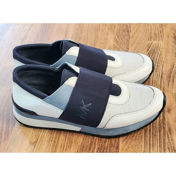 Michael Kors MK Logo Trainer Sneakers Slip On Black White Mixed Media Jogger - Picture 5 of 7